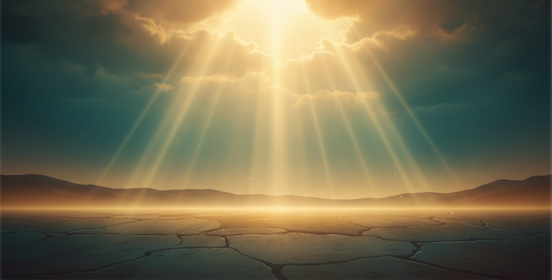 wide rectangular website header background, warm prophetic atmosphere, soft painterly golden light breaking through clouds, subtle teal and amber gradients, gentle rays of light shining down like revelation, faint cracked-stone texture symbolizing breakthrough, elegant but minimal, no people, no symbols, high-resolution, soft-focus edges, 2D flat design, clean and modern for Shopify hero section, cinematic lighting, –ar 3:1